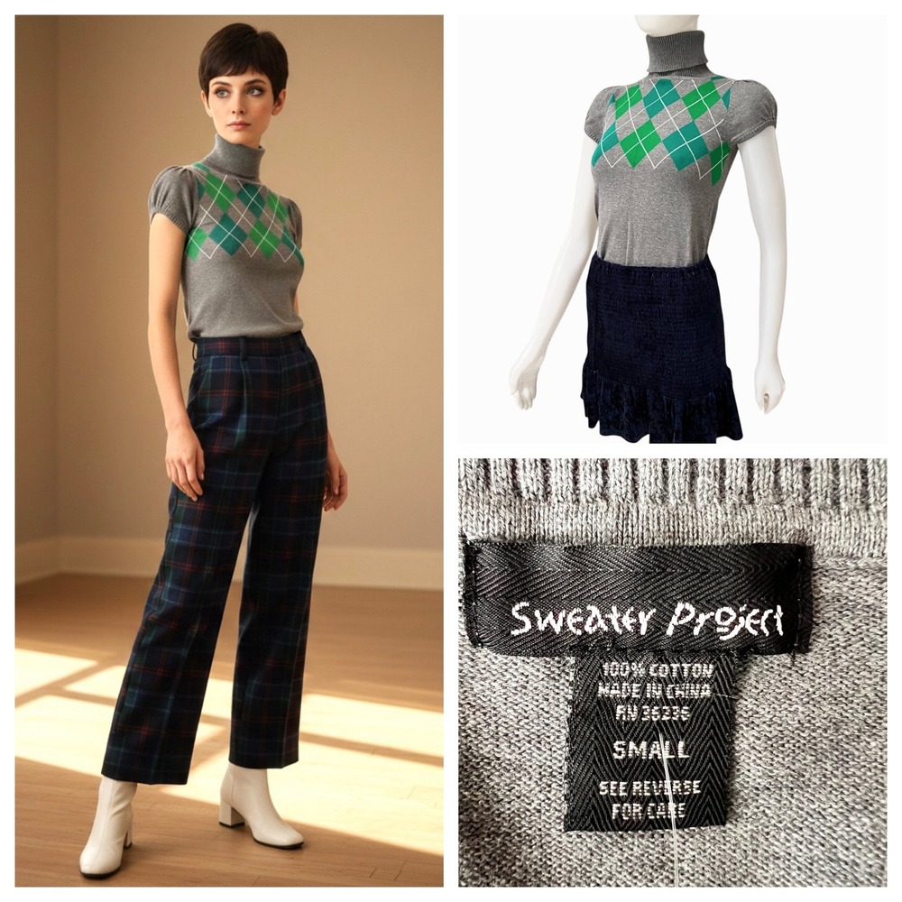 Vintage Y2K Argyle Turtleneck Cap Sleeve Knit Top Green Sz S Preppy Mod Clueless